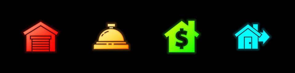 Set Garage, Hotel service bell, House with dollar symbol and Sale house icon. Vector.