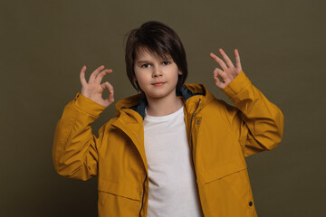 Happy little boy showing OK gesture with hands. Cheerful expression and winner gesture. Studio shot, green background