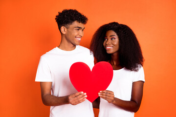 Fototapeta na wymiar Photo of young happy cheerful smiling afro couple hold paper heart look at each other isolated on yellow color background