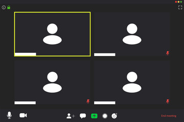 Video conference screen. Online meeting interface. Video call template. Four windows. User symbol. Vector illustration