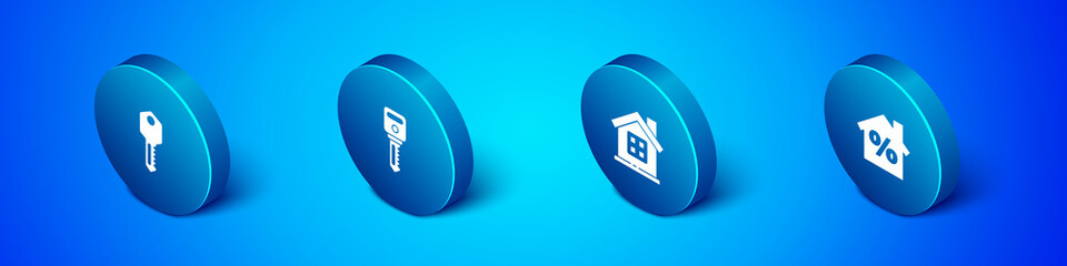 Set Isometric House key, , with percant discount and icon. Vector.
