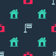 Set Location with house, Hanging sign Sold and House on seamless pattern. Vector.
