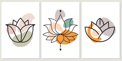 Abstract boho art background, cover or wall art with hand-drawn lotus