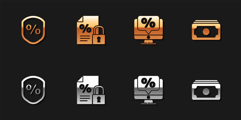 Set Loan percent, Finance document and lock, Percent discount monitor and Stacks paper money cash icon. Vector.
