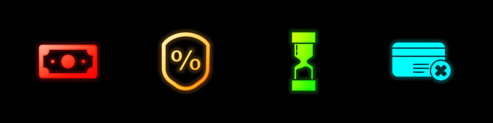 Obraz premium Set Stacks paper money cash, Loan percent, Old hourglass and Credit card remove icon. Vector.