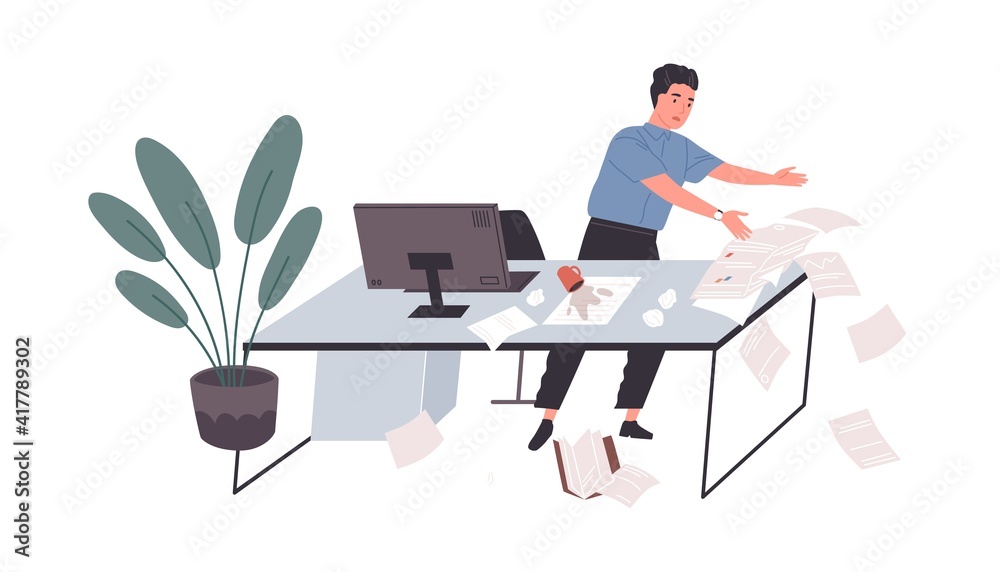 Poster awkward employee standing at office desk with papers falling down on floor. concept of chaos and mes
