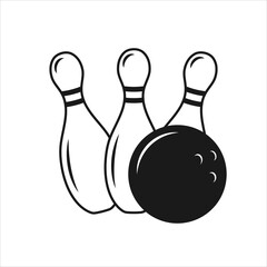 Bowling ball and pins isolated on white background. Bowling icon, black and white. Vector illustration