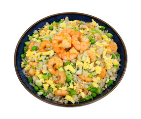Chinese king prawn egg fried rice meal isolated on a white background