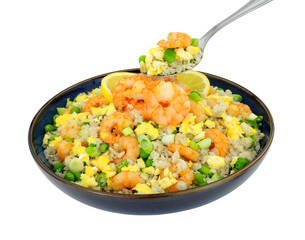 Chinese king prawn egg fried rice meal isolated on a white background