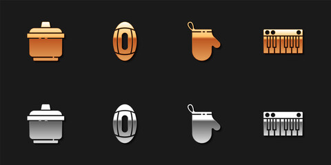 Set Cooking pot, American Football ball, Oven glove and Music synthesizer icon. Vector.