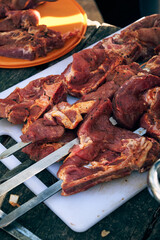 chunks of juicy raw meat on skewers