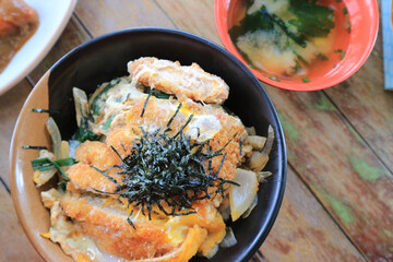 Ebi Katsudon (bowl of rice topped with prawn cutlets) Japanese food style.