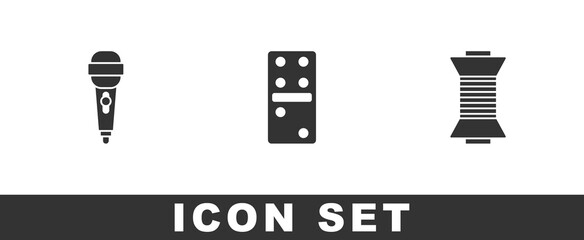 Set Microphone, Domino and Sewing thread spool icon. Vector.