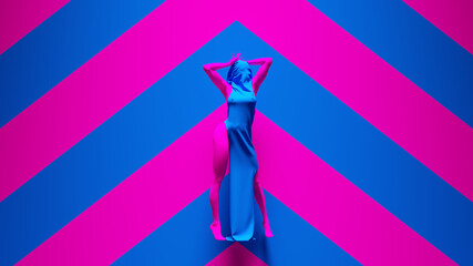 Blue Pink Woman Standing with Arms Up in a Abstract Dress with Pink an Blue Chevron Background 3d illustration render