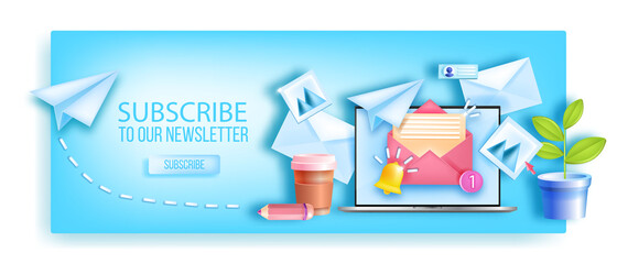 Subscribe to monthly email newsletter web page background, laptop screen, workplace, paper airplane. Business mail marketing banner, files, envelopes, notification bell. Subscribe newsletter concept