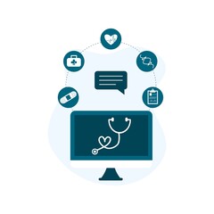 Online tele medicine flat illustration. Online medical consultation and treatment via application of computer connected internet clinic. Online ask doctor consultation technology in mobile vector.