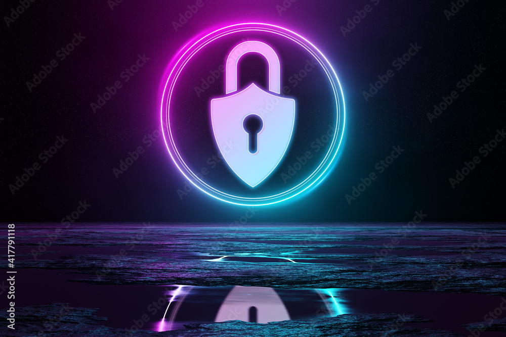 Aufkleber digital cyber security holographic icon illuminating the floor with blue and pink neon light 3d rend