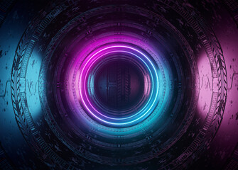 Neon style circle mockup in futuristic piping. Blue and pink modern hologram illuminated by lights in futuristic interior 3D rendering