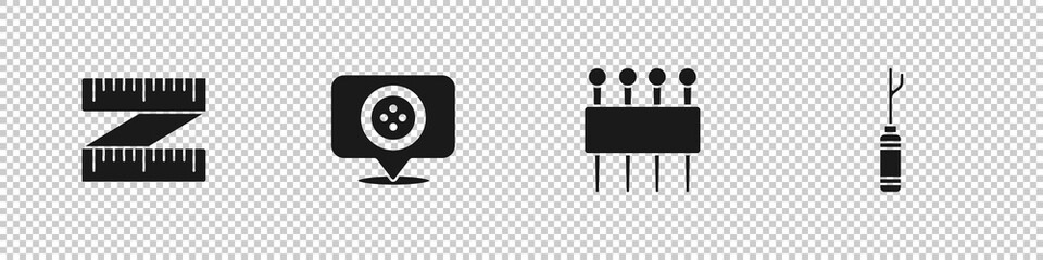 Set Tape measure, Location tailor shop, Needle for sewing and Awl tool icon. Vector.