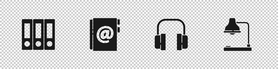 Set Office folders, Address book, Headphones and Table lamp icon. Vector.