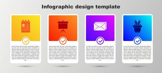 Set Spiral notebook, Chalkboard with diagram, Envelope and Plant in pot. Business infographic template. Vector.