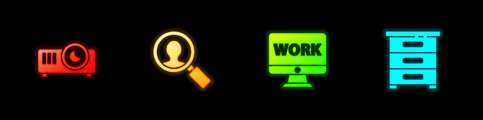 Set Movie, film, media projector, Magnifying glass for search people, Monitor with text work and Drawer documents icon. Vector.