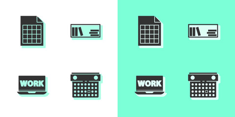 Set Calendar, File document, Laptop with text work and Shelf books icon. Vector.