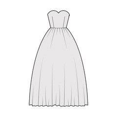 Crinoline dress technical fashion illustration with strapless sweetheart neckline, long floor length, full skirt. Flat apparel template front, grey color style. Women, men unisex CAD mockup