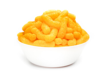 Cheese Doodle Day, crisps , cheese puffs in a white bowl 