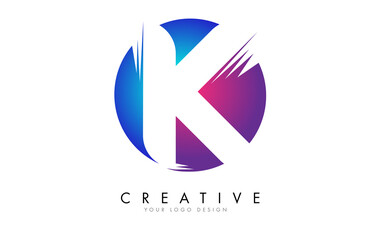 Colorful K Letter Logo Design with a Creative Cuts and Gradient Blue and Pink Rounded Background.