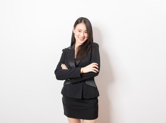 Portrait of Asian woman long hair and wearing suit thinking about success, isolated on white background.