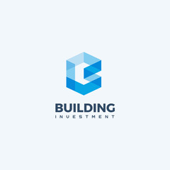Blue geometric logo, construction company providing services for interior, buildings and structures design, logo template, vector illustration.