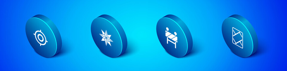 Set Isometric Target sport, Road barrier, Gps device with map and Wind rose icon. Vector.