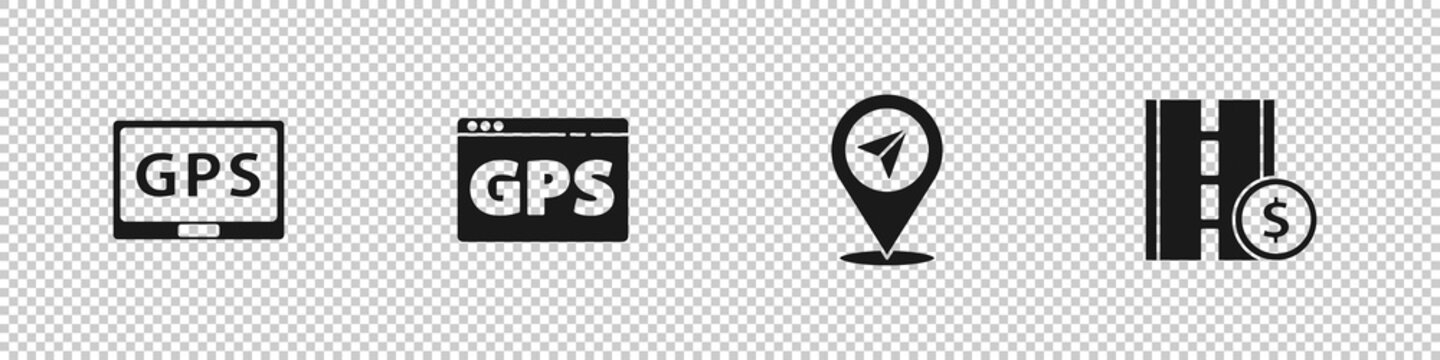 Set Gps device with map, , Location and Toll road traffic sign icon. Vector.