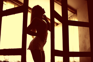 sexy model in a loft home interior, back light silhouette rays of the sun evening