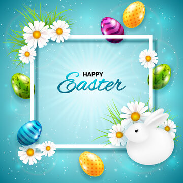 Easter greeting card with frame and cute bunny, chamomiles and eggs.