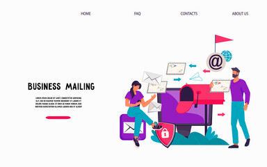 Email business service  website interface design with people next to mailbox receiving correspondence. Web mail or mobile post service electronic inbox, flat vector illustration.