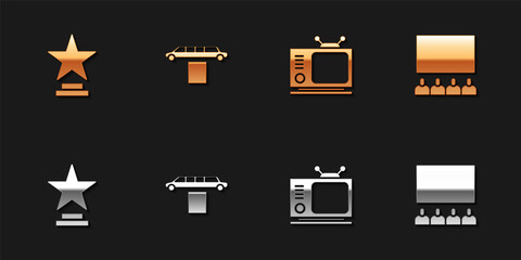 Set Movie trophy, Limousine car and carpet, Retro tv and Cinema auditorium with screen icon. Vector.