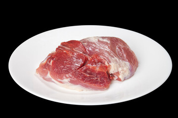 Pieces of raw meat on a white plate