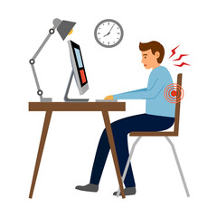 Office syndrome concept vector Office syndrome concept vector illustration. Businessman has neck pain and backache symptom at workplace.