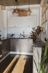 Modern scandinavian style home kitchen interior concept. Cozy comfortable boho interior design.