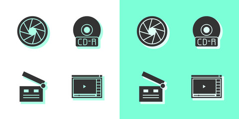 Set Online play video, Camera shutter, Movie clapper and CD or DVD disk icon. Vector.