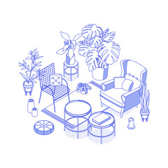 Blue isometric sun room on white. Vector illustration in flat design. Outlined, linear style.
