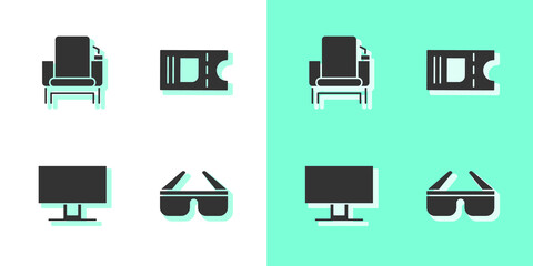 Set 3D cinema glasses, Cinema chair, Smart Tv and ticket icon. Vector.