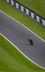 A shot of a racing motorbike as it circuits a track.