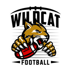 wildcat football team design with head mascot bobcat, lynx holding ball. Great for team or school mascot or t-shirts and others.