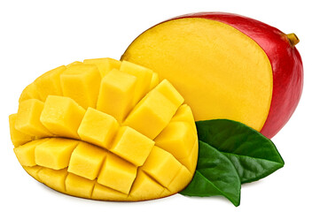 fresh sliced mango with green leaves isolated on white background. exotic fruit. clipping path