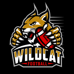 wildcat football team design with head mascot bobcat, lynx holding ball in the claw. Great for team or school mascot or t-shirts and others.