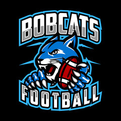 wildcat football team design with head blue mascot bobcat, lynx holding ball. Great for team or school mascot or t-shirts and others.