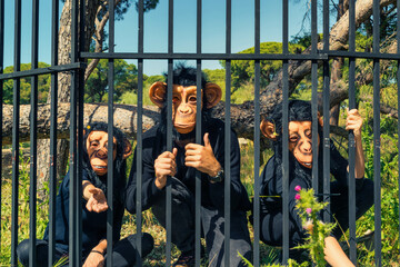 Obraz na płótnie Canvas Portrait Of Caged Women With Monkey Mask In Forest